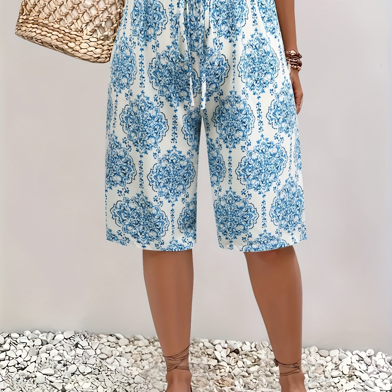 Брюки пляжные женские из льна с цветочным принтом plus size — регулируемый пояс, дышащая одежда для отпуска