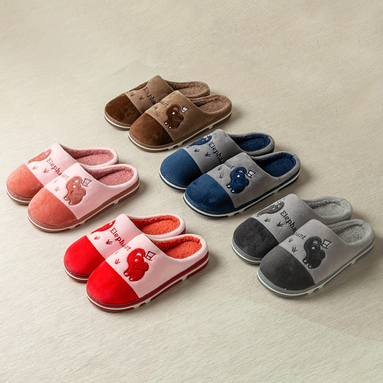 Women's Plush Slip-On Slippers with Elephant Cartoon Soft Fabric Grey Pink