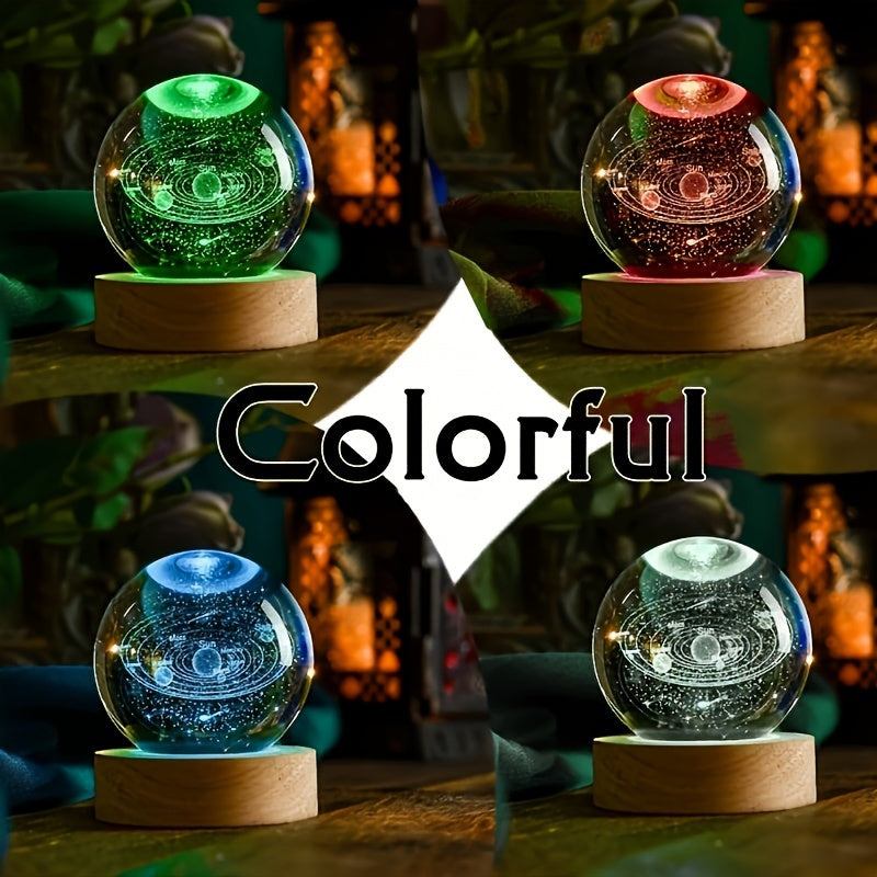 Lámpara de bola de cristal del sistema solar en 3D con base de LED multicolor, alimentada por USB, decoración espacial para entusiastas, 6cm
