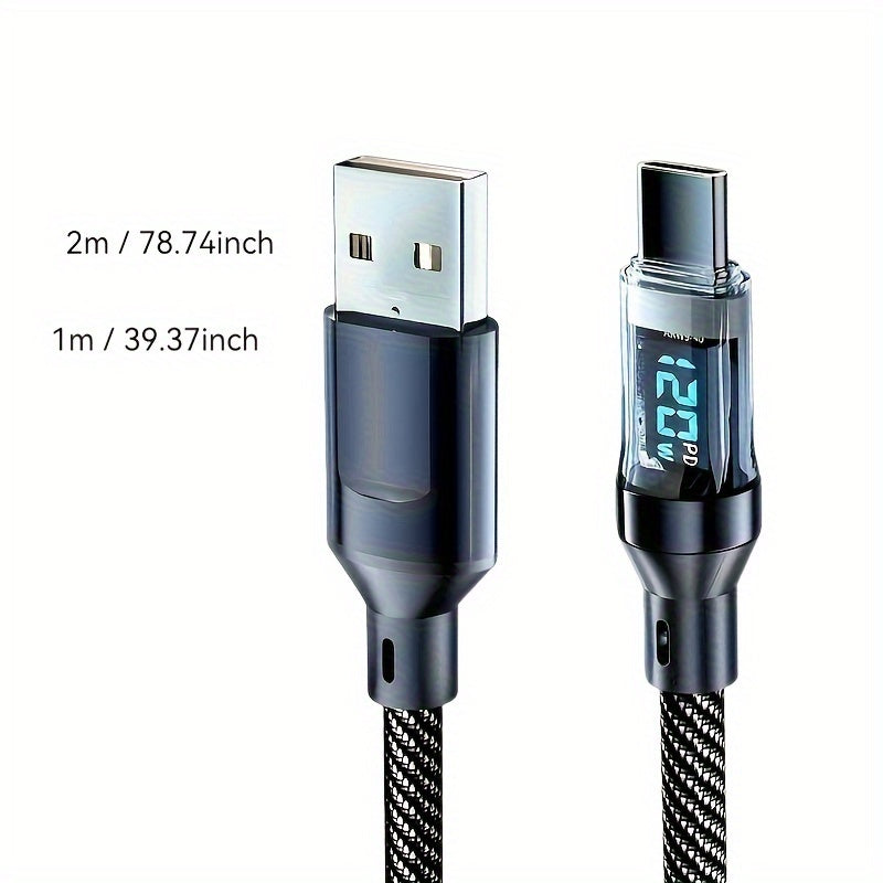 USB A to Type C Fast Charging Cable Flat Design Digital Display Compatible with Huawei Samsung Apple Vivo 50-80W
