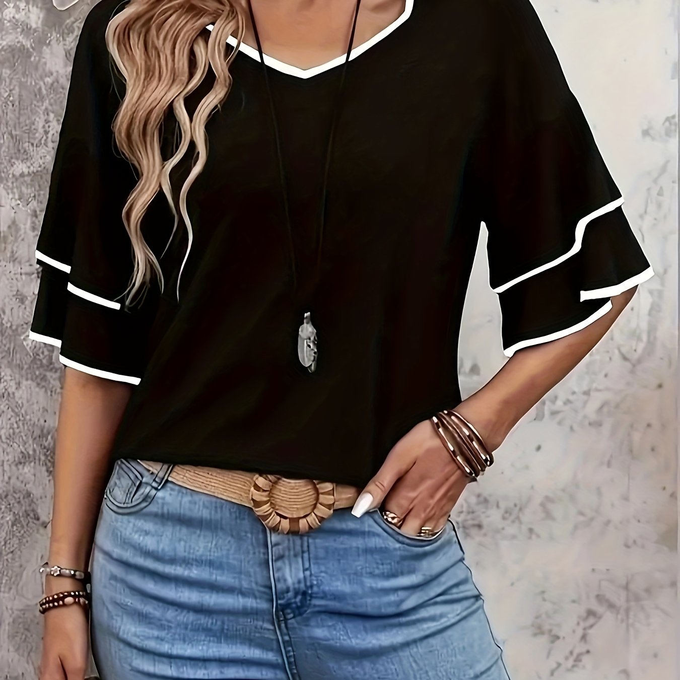 Women's Black V-Neck T-Shirt with White Trim Short Sleeve Stretchy Fabric