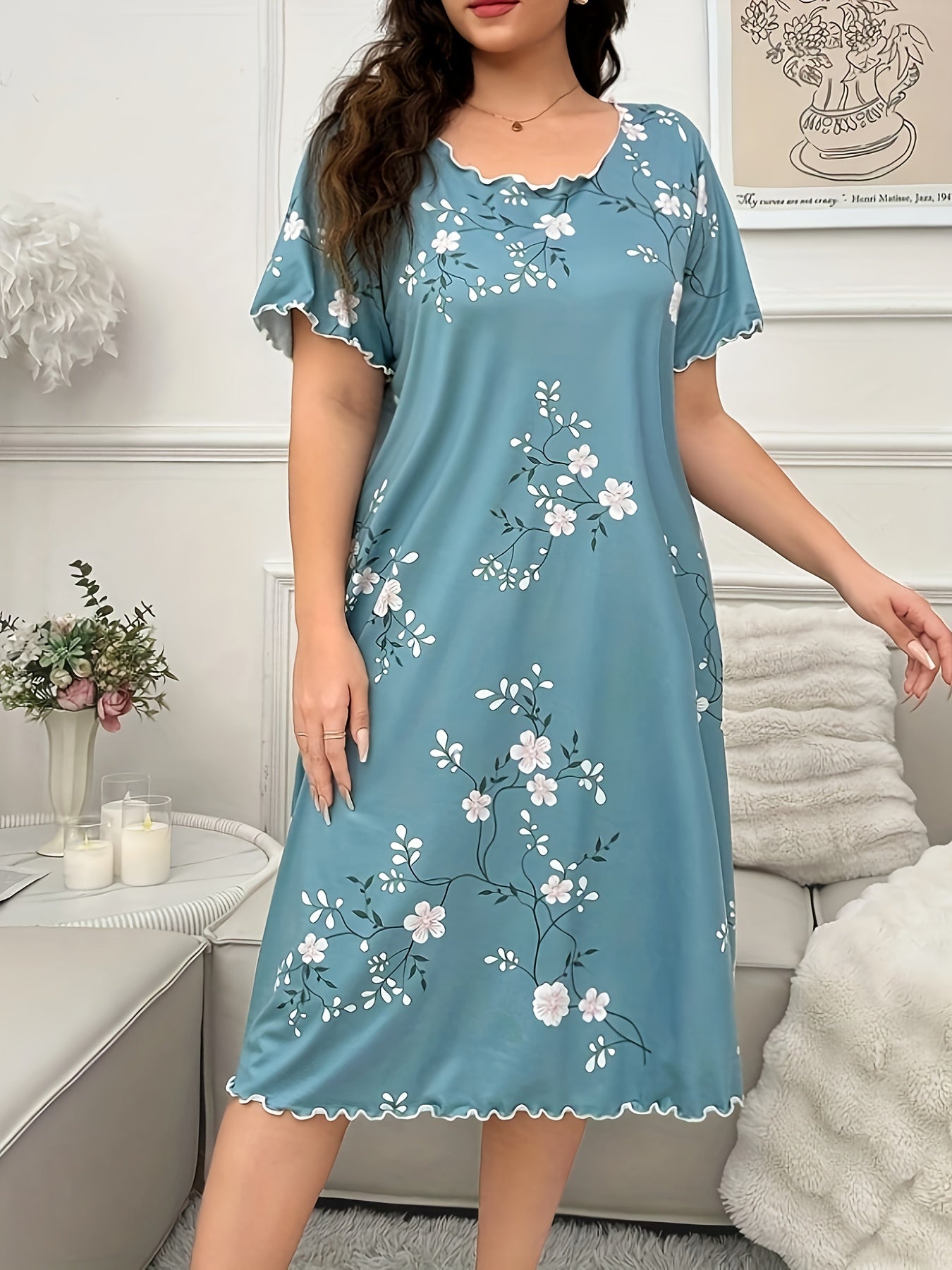 Plus Size Floral Short Sleeve Nightgown Sleep Dress Lightweight Comfortable