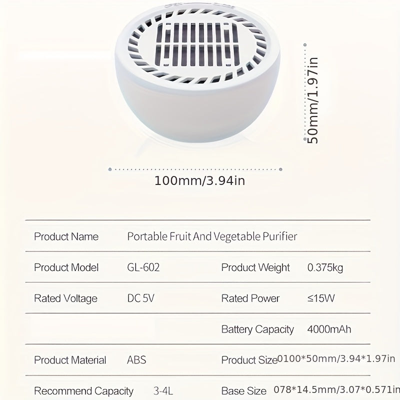 Meva va sabzavotlar uchun portativ vodorod suvi ionizatori - 4000mAh lityum batareyali USB quvvatlanadigan tozalash qurilmasi, yuqori samarali filtratsiya tizimi, oq ABS dizayni, oziq-ovqat uchun xavfsiz