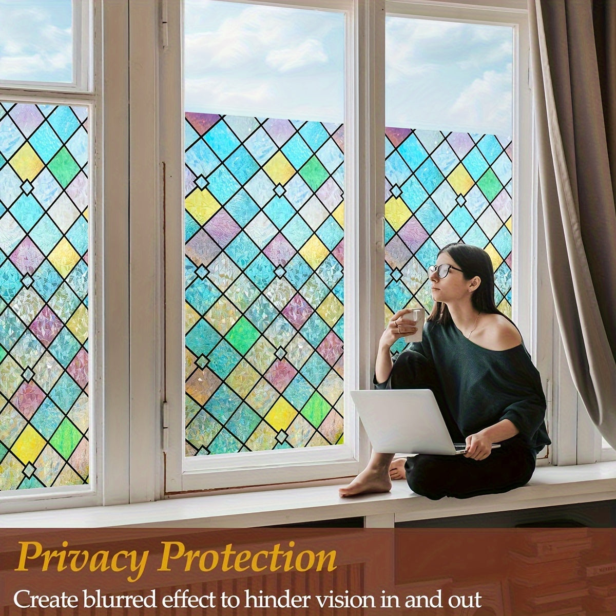Frosted Privacy Window Film with Crescent & Diamond Pattern, Heat Control, No-Glue, Semi-Transparent, 9mil PVC
