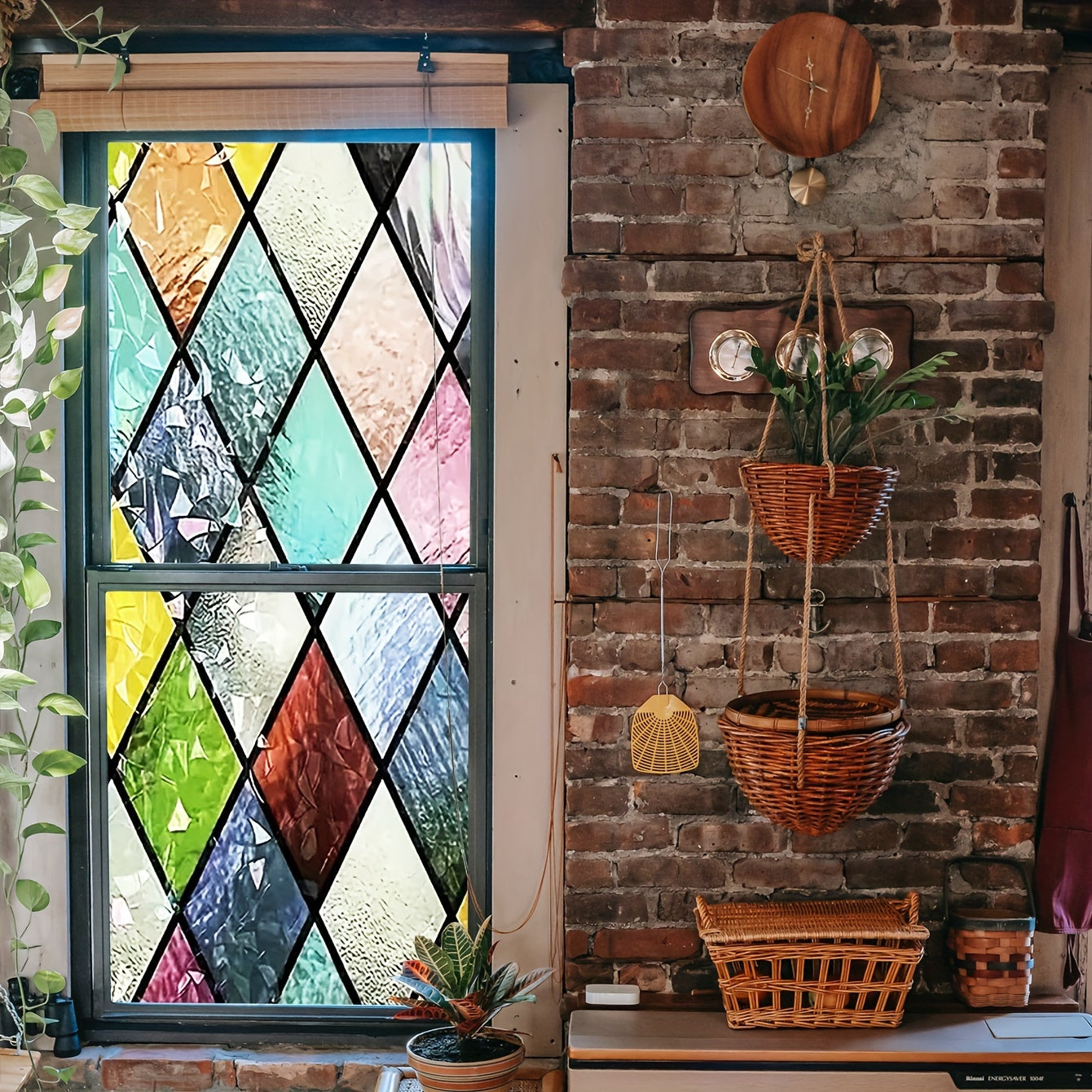 Frosted Privacy Window Film with Crescent & Diamond Pattern, Heat Control, No-Glue, Semi-Transparent, 9mil PVC