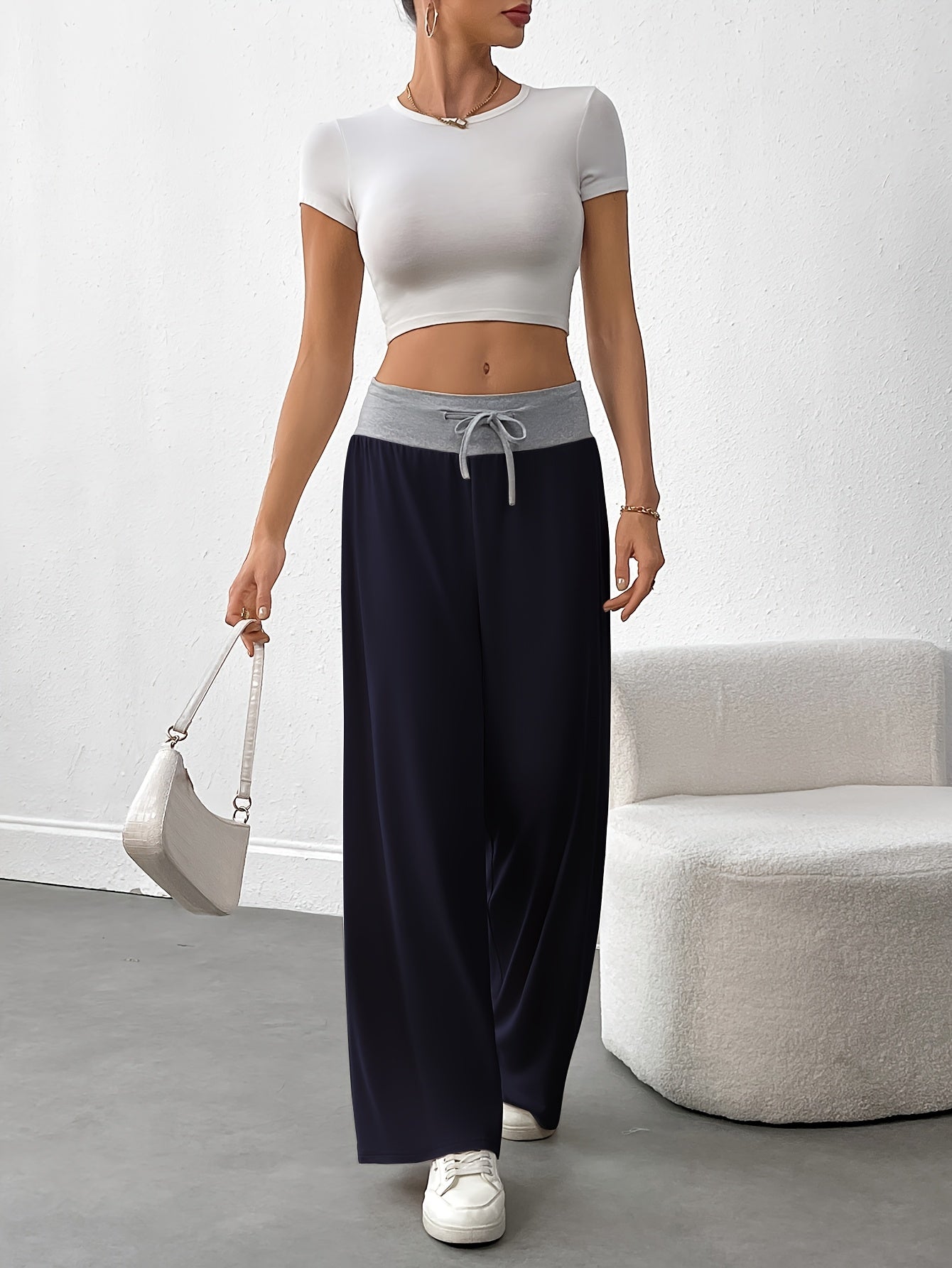 Women's Plus Size High-Waisted Wide-Leg Pants Soft Stretchy Fabric Brown Casual Lounge