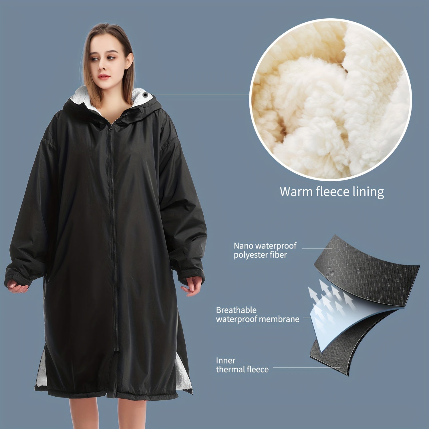 Unisex Waterproof Windproof Fleece-Lined Changing Robe for Surfing Camping Hiking