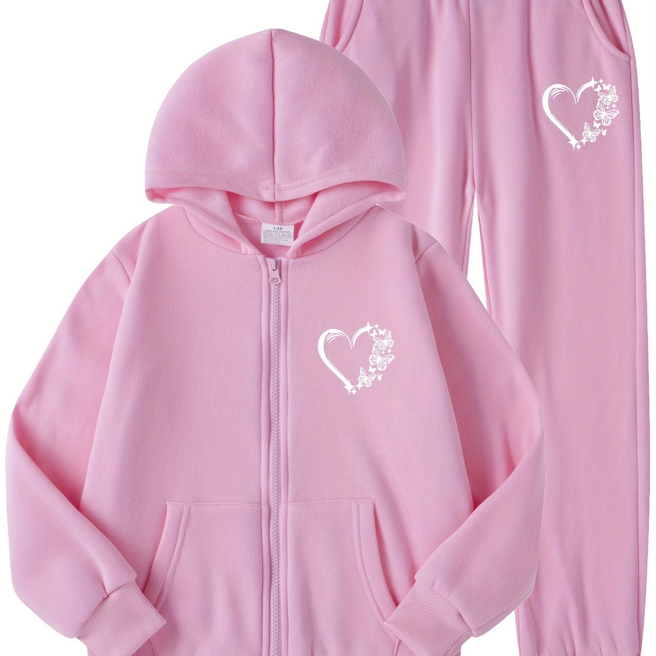 Girls' Girls' Casual Butterfly Heart Print Hooded Tracksuit Set Polyester Knit Long Sleeve Spring Fall