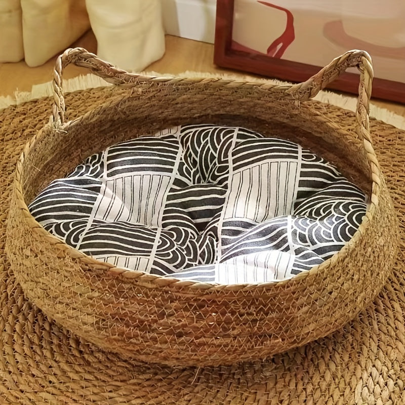Set of Two Linen Rattan Cat Beds with Breathable Polyester Fill and Handles
