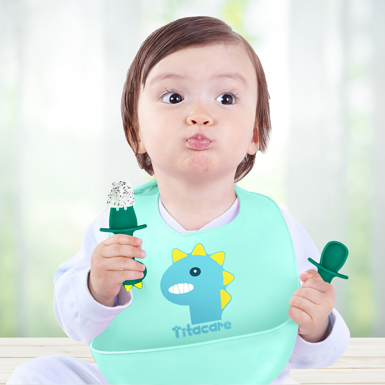 Set of 2 Kids Silicone Dinosaur Utensils Forks and Spoons Food-Grade Materials