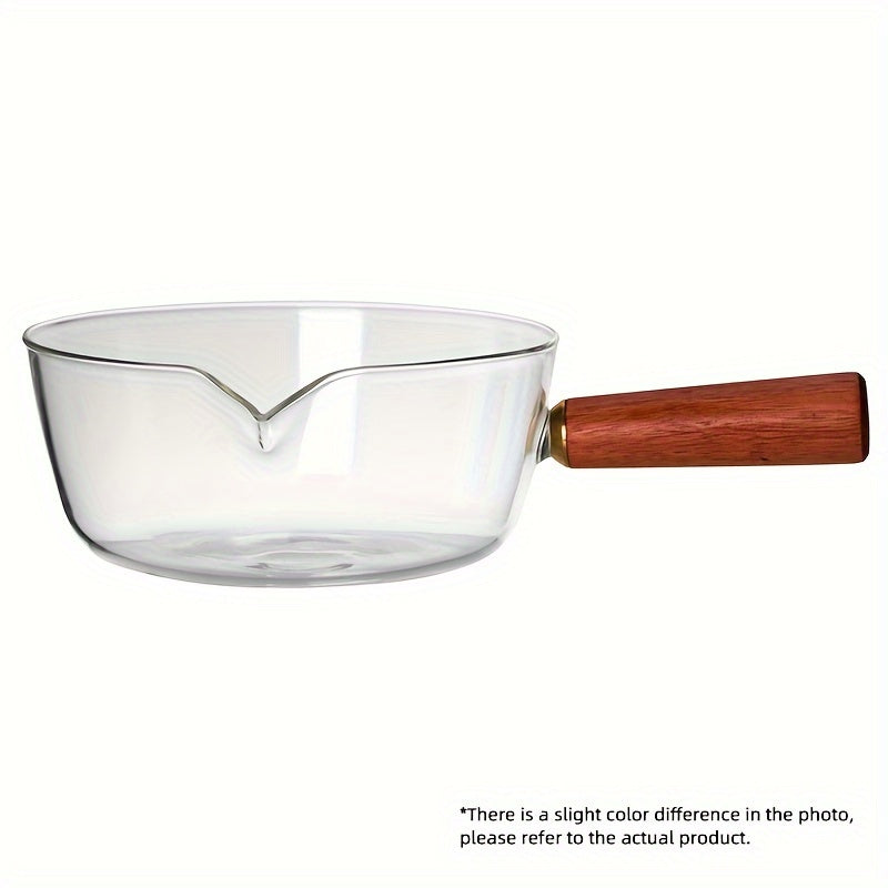 Borosilicate Glass Saucepan 690ml with Wooden Handle V-Shaped Spout Gas Stove Compatible