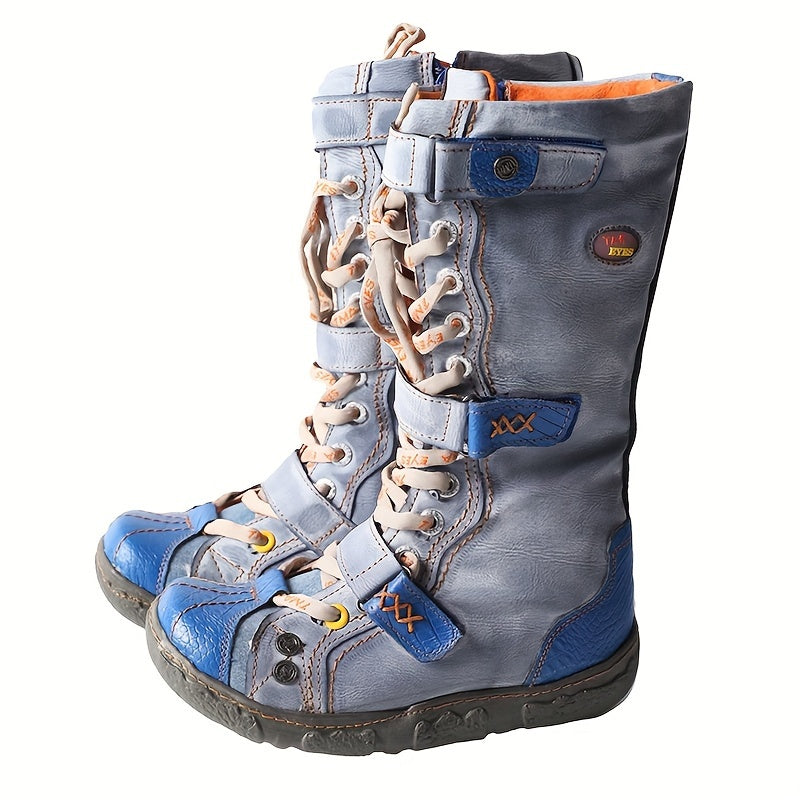 Women's Retro Leather Mid Heel Boots Lace Up Side Zipper Casual