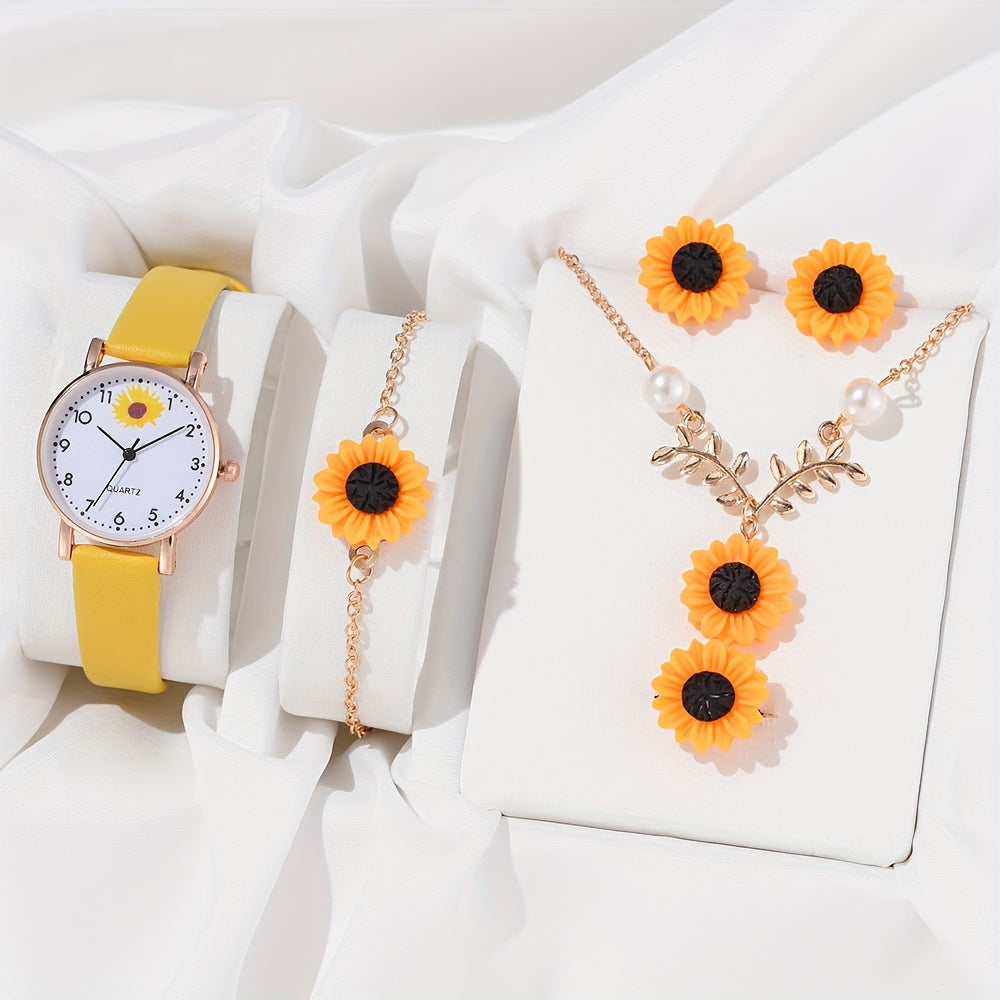 Women's Daisy Flower Quartz Watch with Analog Display and Leather Band 1 2 or 6 Pieces
