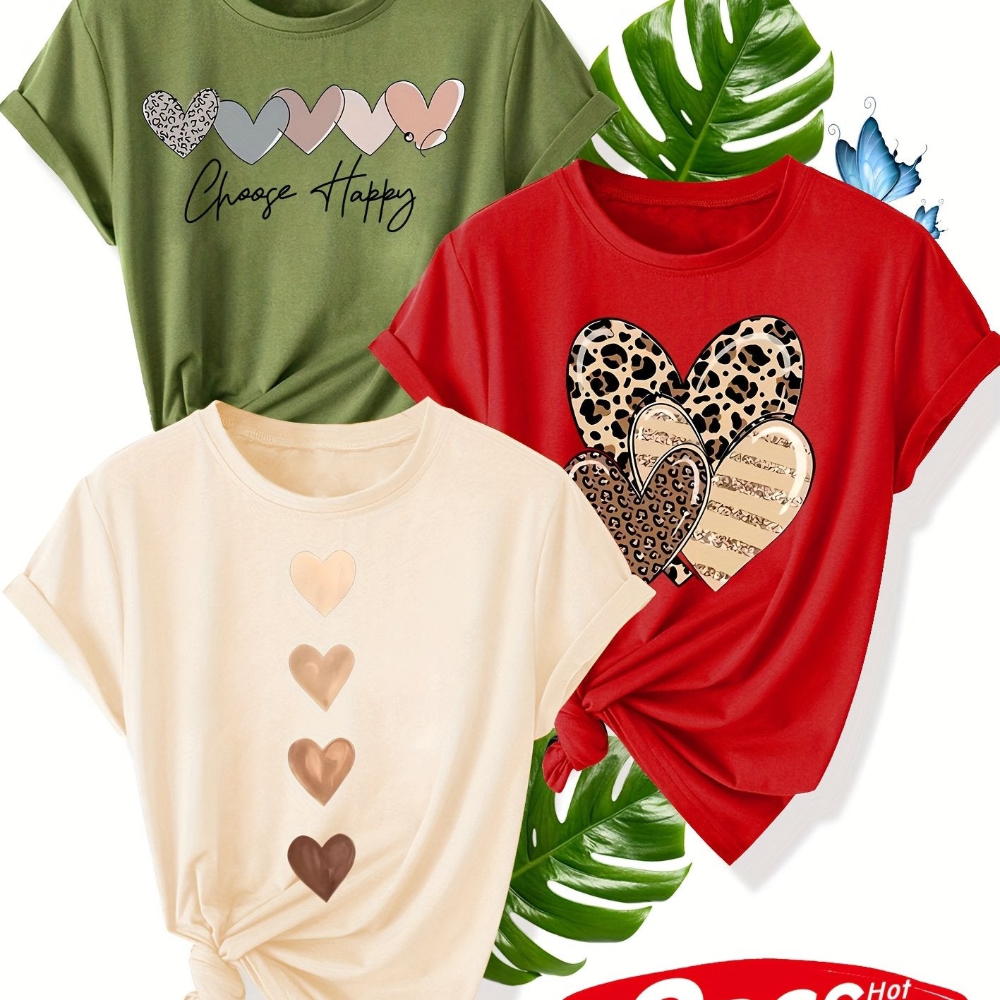 Women's Retro Heart Graphic Tees 3-Pack Short Sleeve Summer Cotton Blend