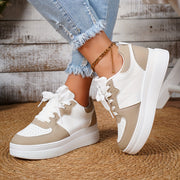 Women’s White Casual Lace-Up Sneakers Flat Shoes with Thick Sole