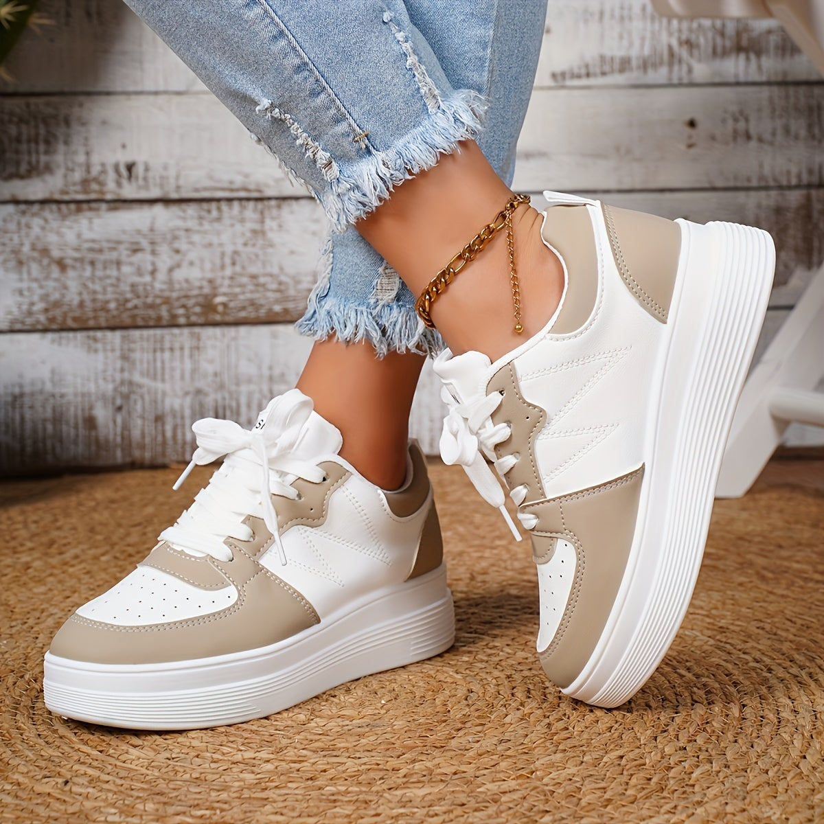 Women’s White Casual Lace-Up Sneakers Flat Shoes with Thick Sole