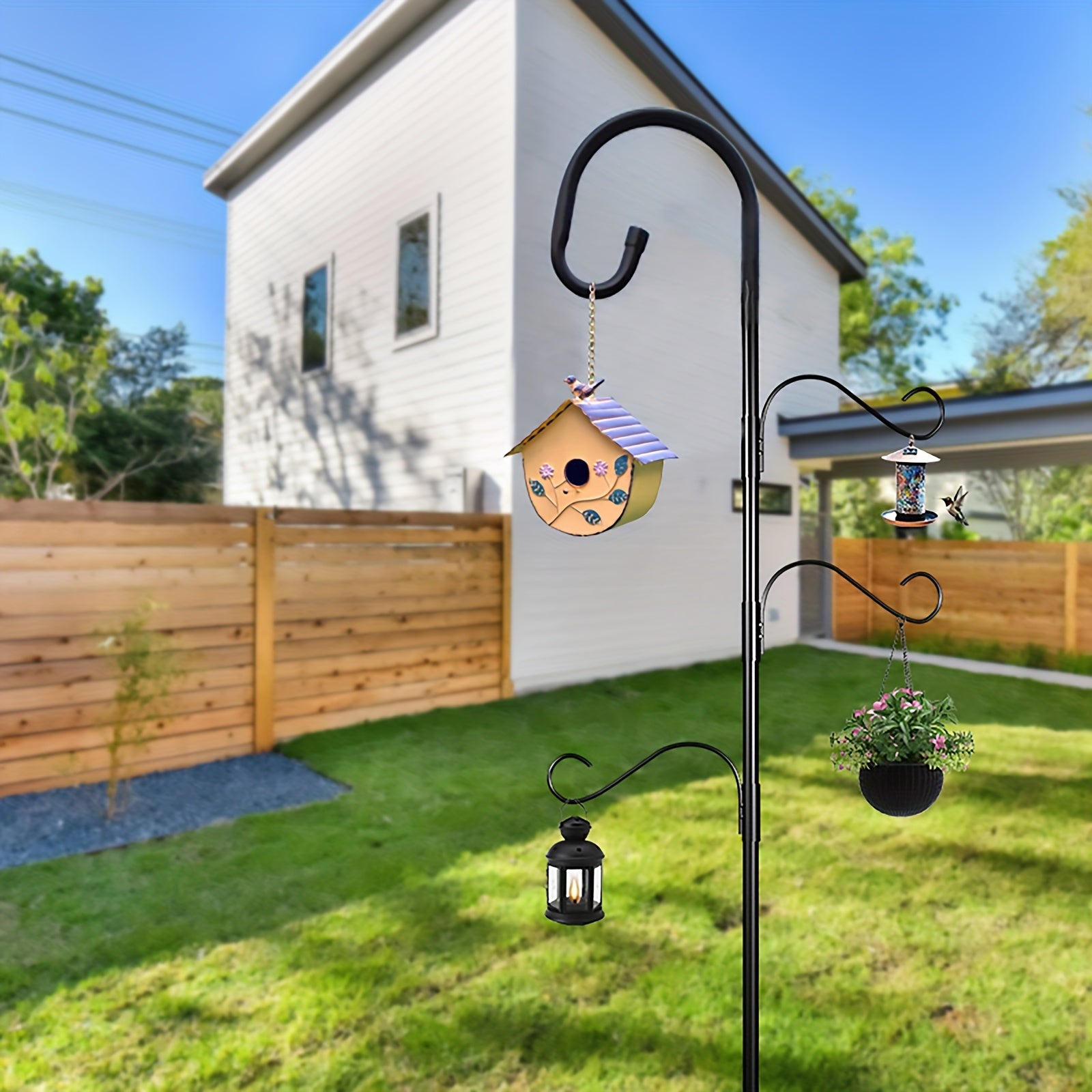 Rustic Iron Garden Hook with Three Hanging Arms and Five-Prong Base for Bird Feeders and Flower Baskets