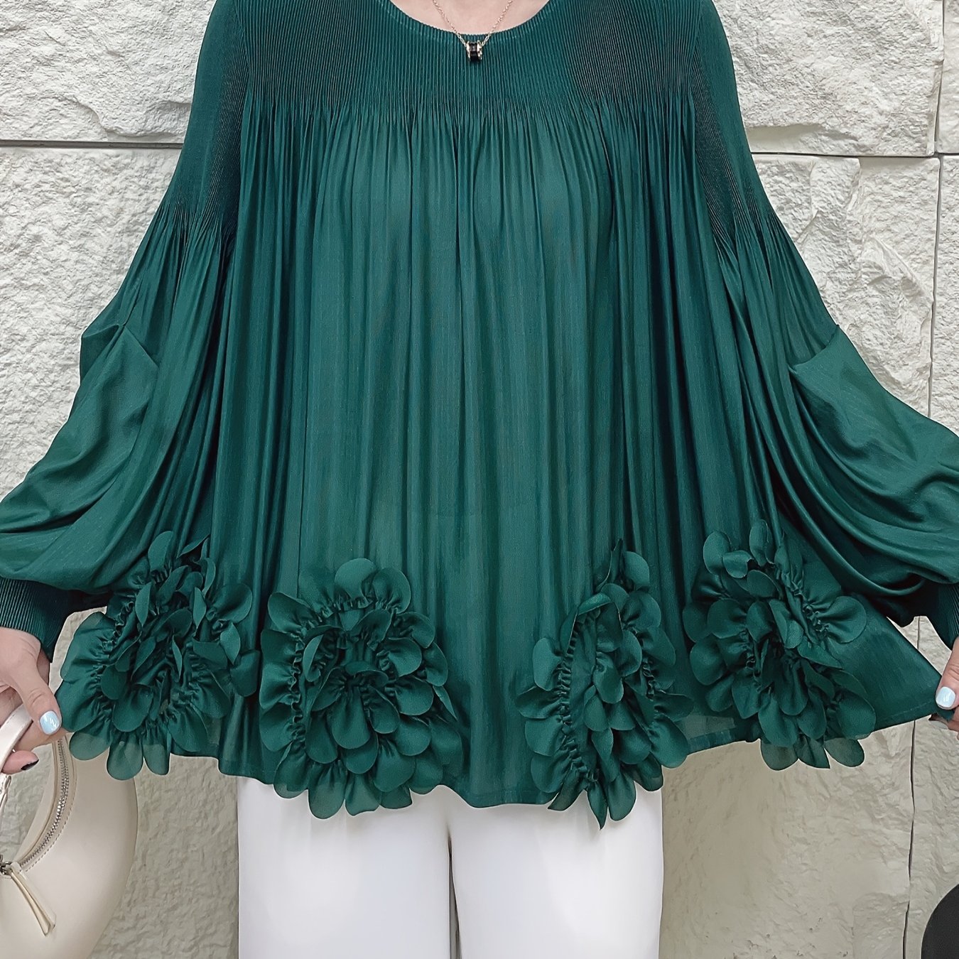 Women's Oversized Pleated Blouse with Floral Applique Light Blue Long Sleeve