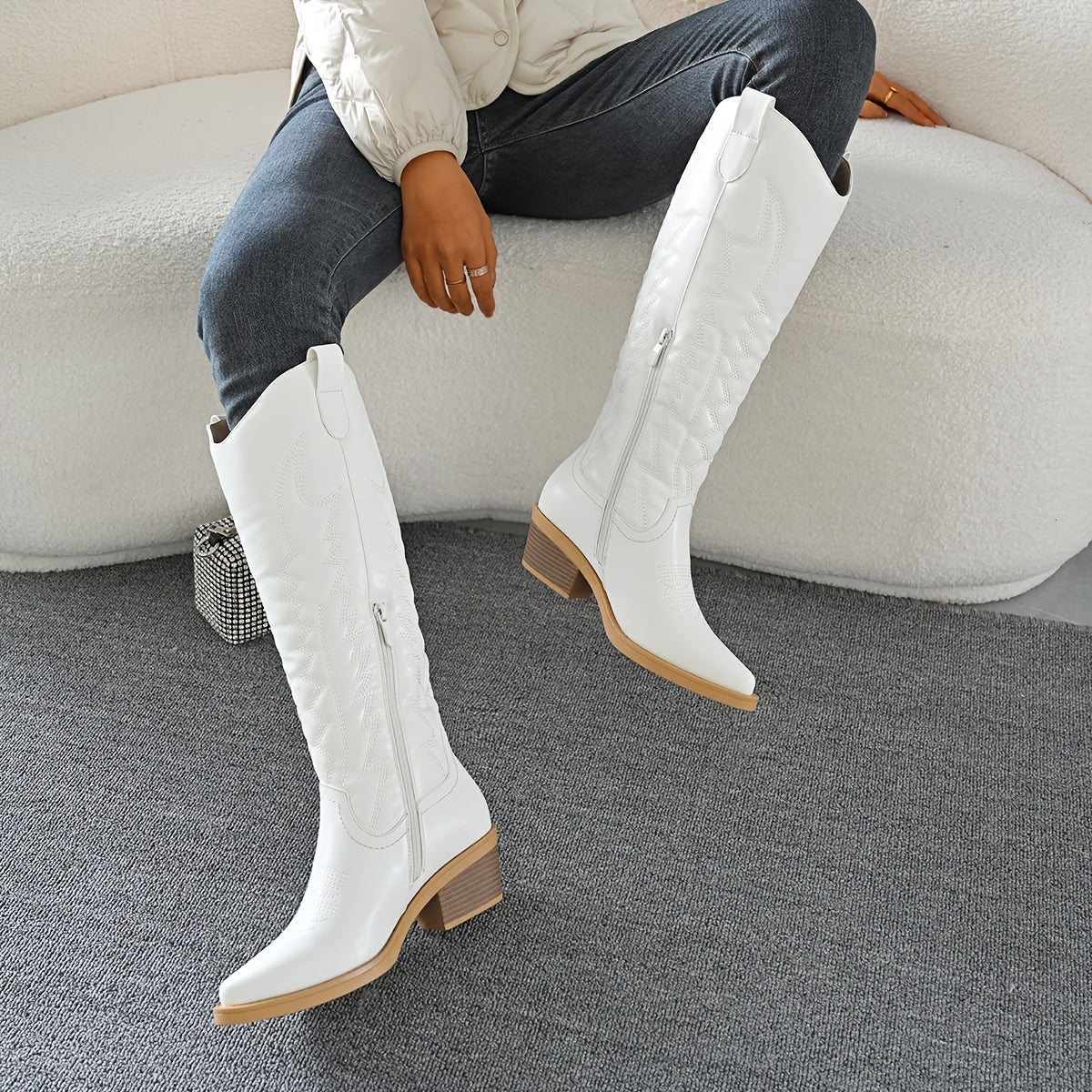 Women's Oversized Pointed Toe Chunky Heel Knee-High Western Cowboy Boots Side Zipper