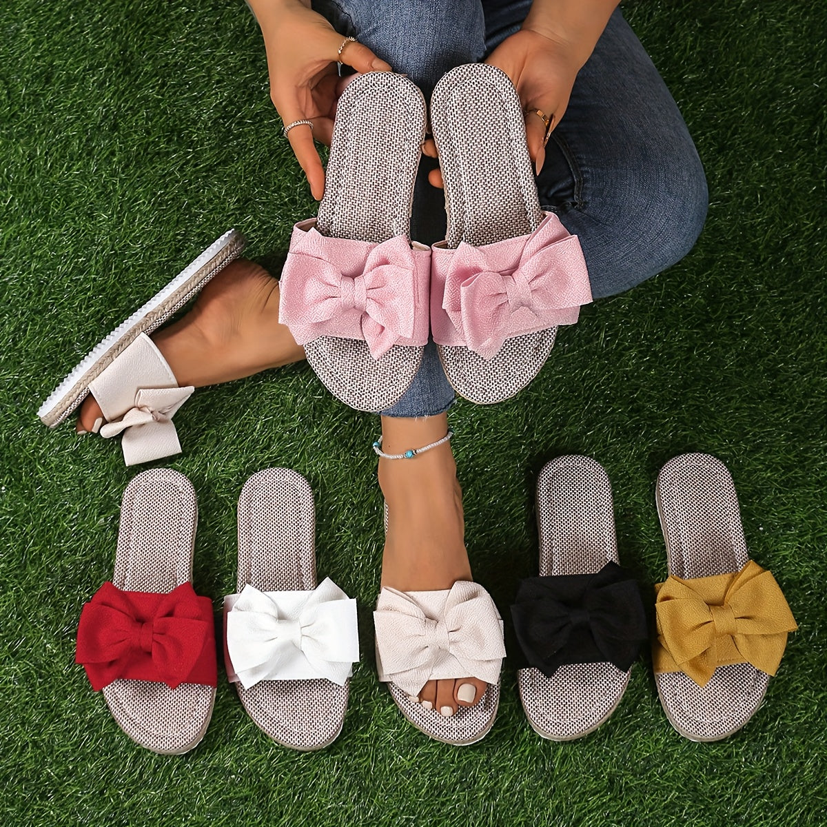Women's Summer Sandals Flat Slides with Cushioned Insoles and Bow Design