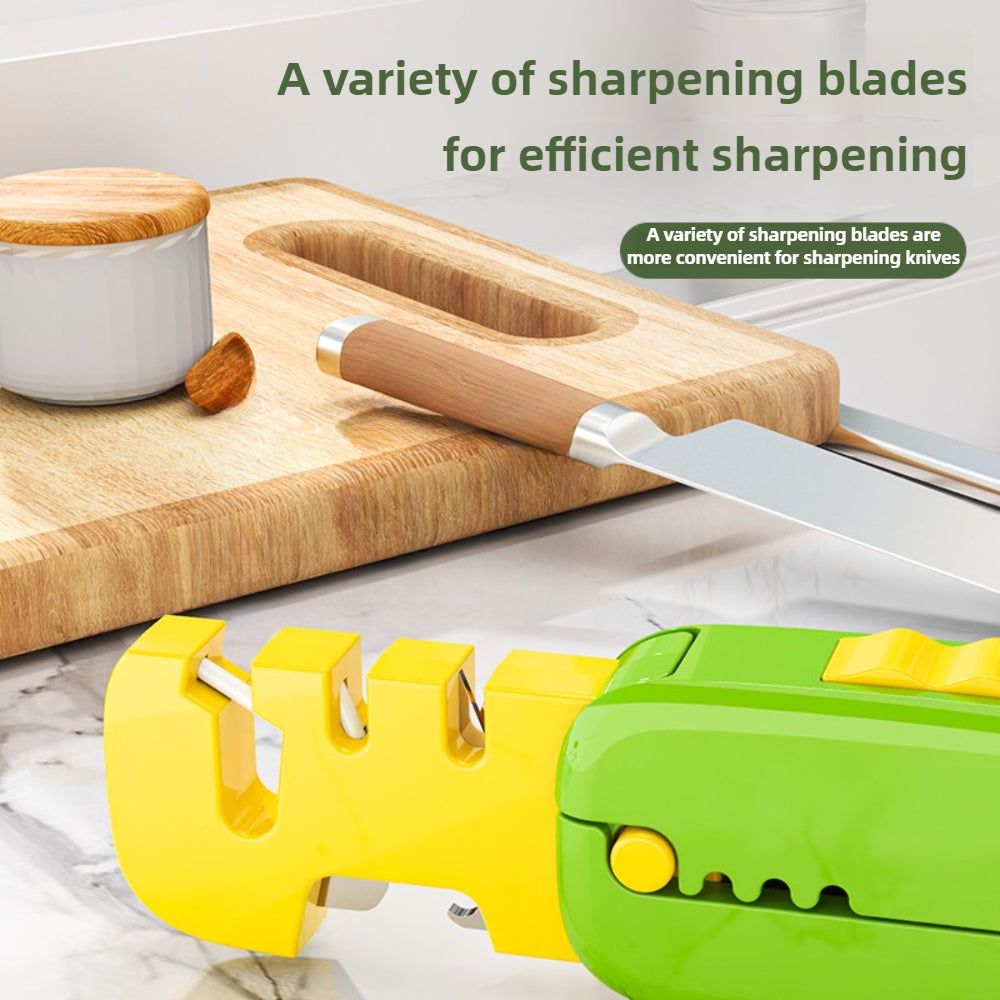 "Pichoqni o'tkirlashtiruvchi, osish teshigi bilan - Ko'p funksiyali, ixcham dizayn, mustahkam plastikdan tayyorlangan - Oshxona pichoqlari uchun mukammal - Qizil yoki yashil rangda mavjud - Quvnoq pichoqni o'tkirlashtirish vositasi"