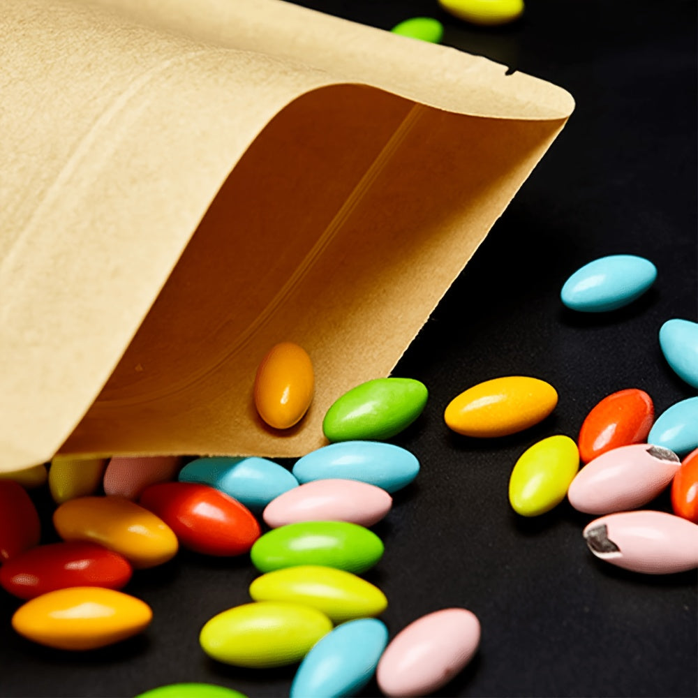 60 Kraft qog'oz sumkalar, qayta ishlatiladigan yopish zipperslari, shaffof oynalar, oson yirtiladigan U-shaklidagi dizayn bilan