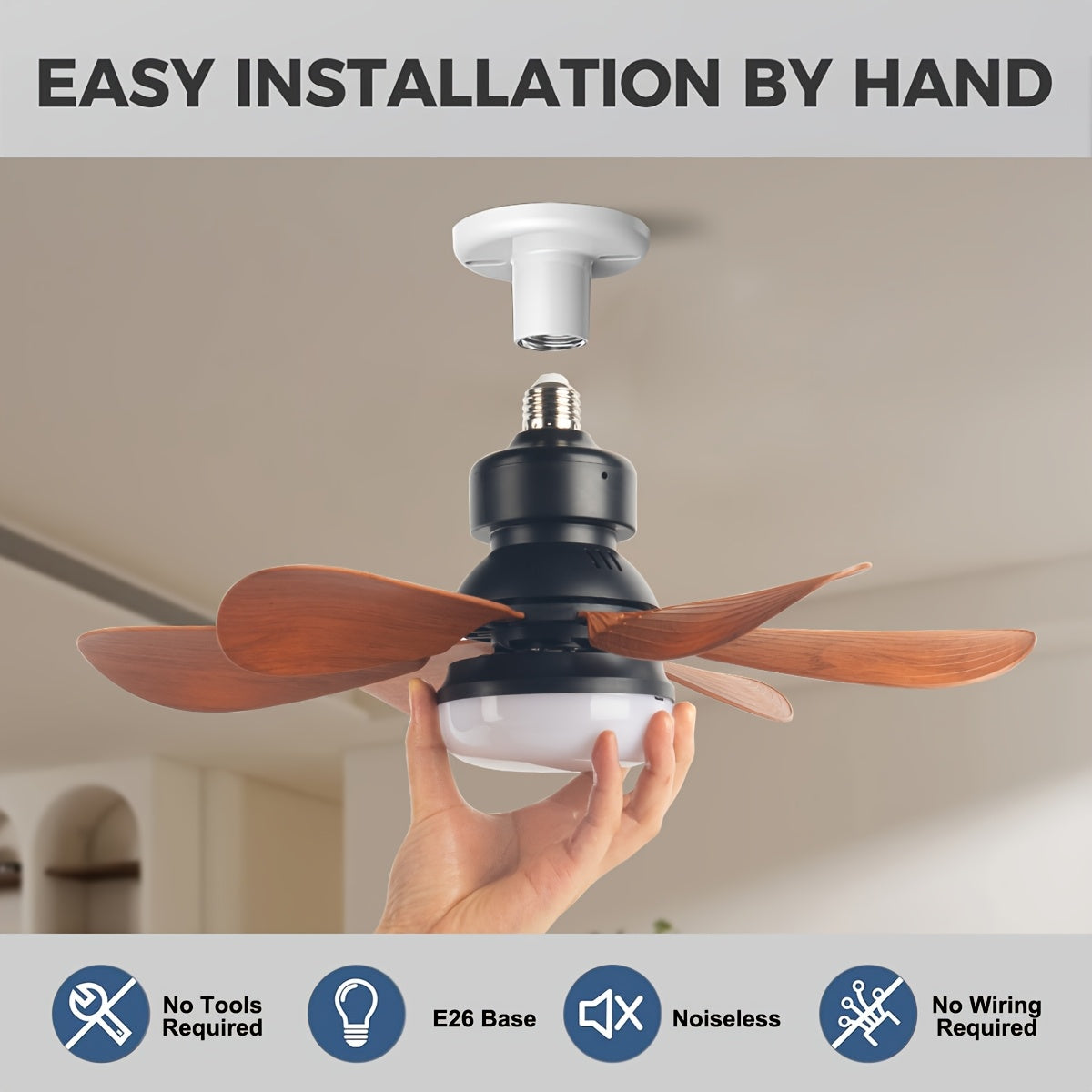 Indoor Ceiling Fan with LED Light and Detachable Blades E26 Socket Adjustable Wind Speed Timer Night Light