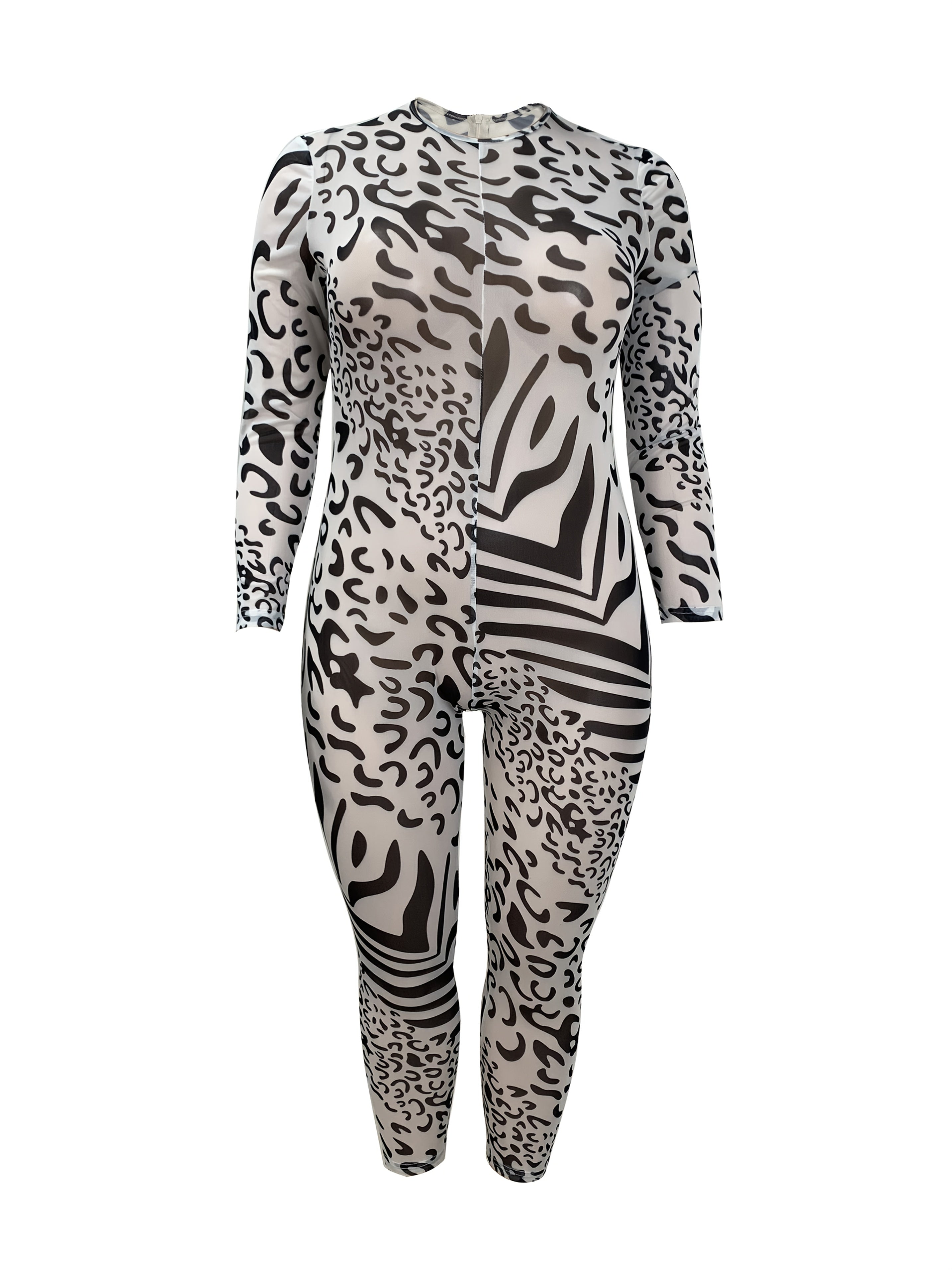 Women's Plus Size Leopard Print Jumpsuit Long Sleeve High Stretch