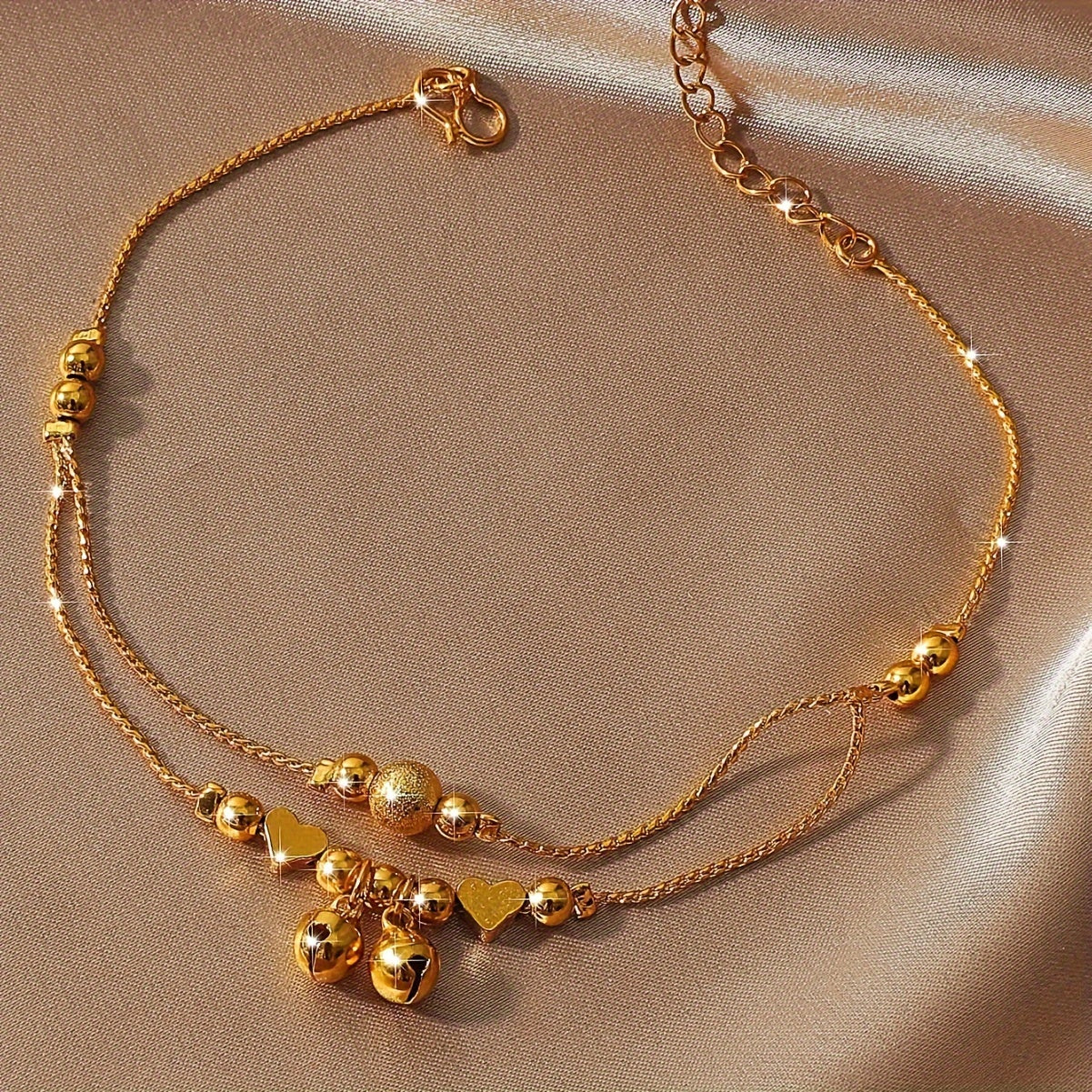 Gold Plated Double Strand Anklet for Women with Heart Charms and Bells
