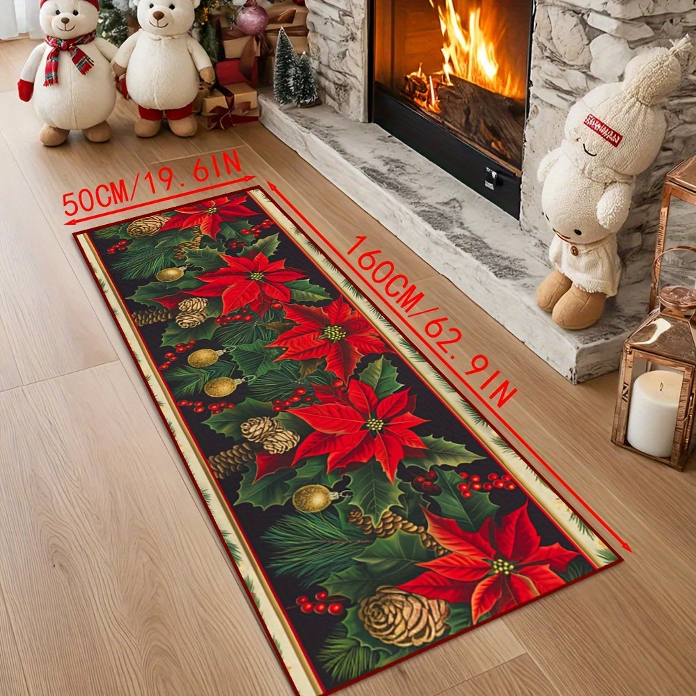 Plush Velvet Area Rug with Christmas Leaf Pattern Non-Slip Stain-Resistant 6mm Thick