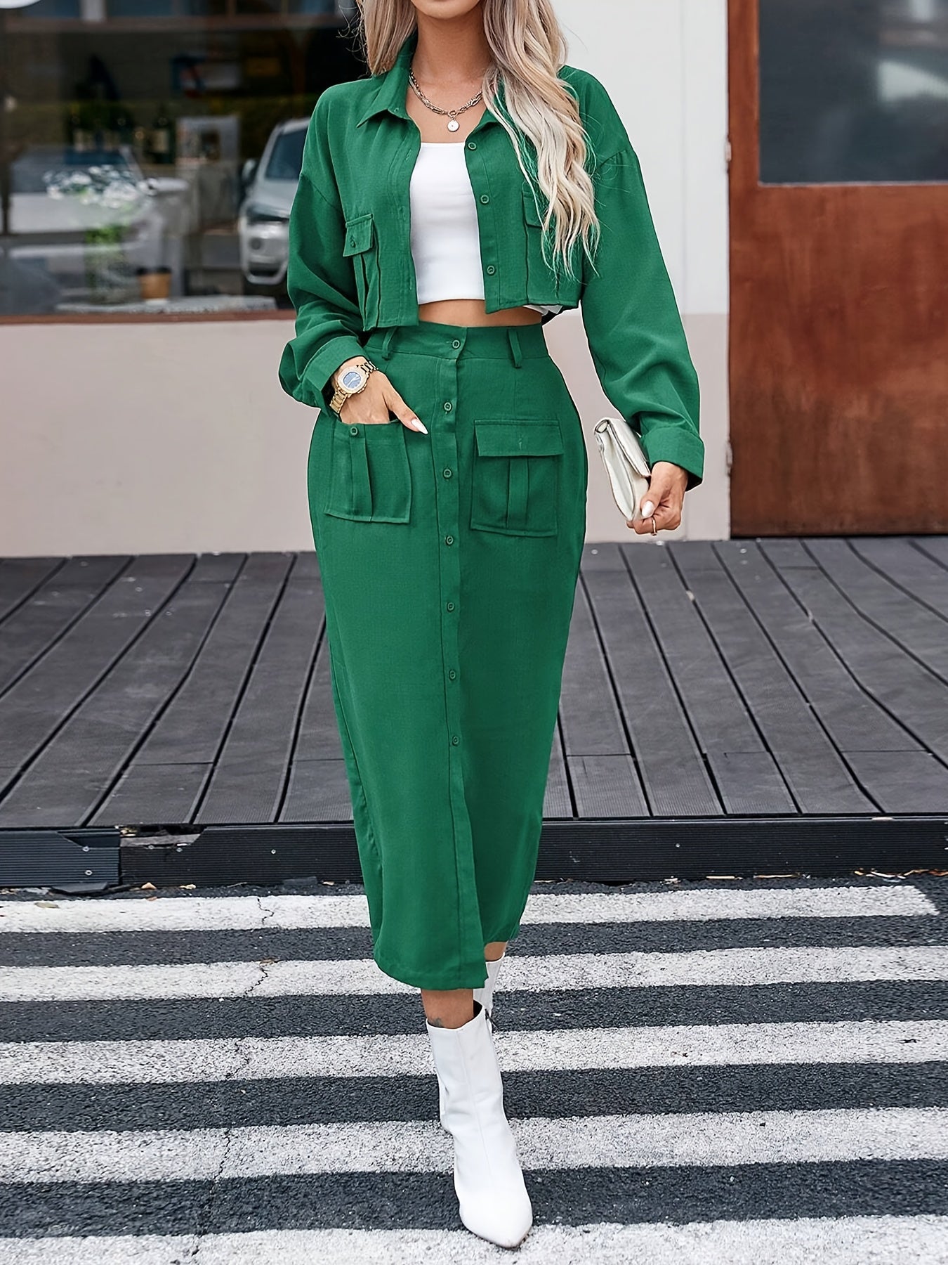 Conjunto de blusa de color sólido para mujer y falda midi de poliéster, primavera y otoño, elegante