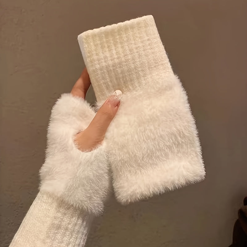 Solid Color Fingerless Gloves for Women Plush Splicing Knit Warm Winter Autumn