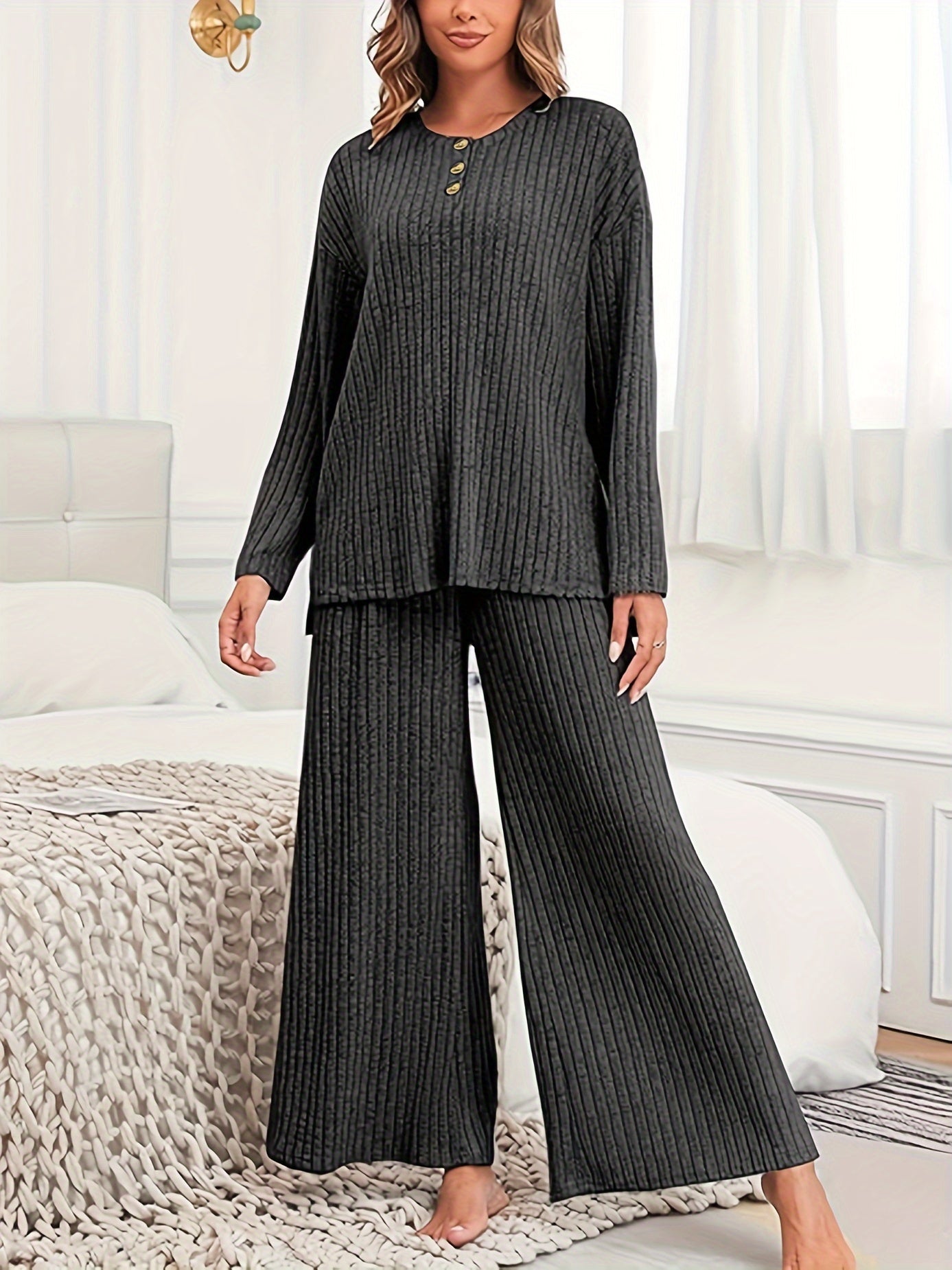 Women's Casual Suit with Ribbed Knit Top and Wide-Leg Hooded Pants
