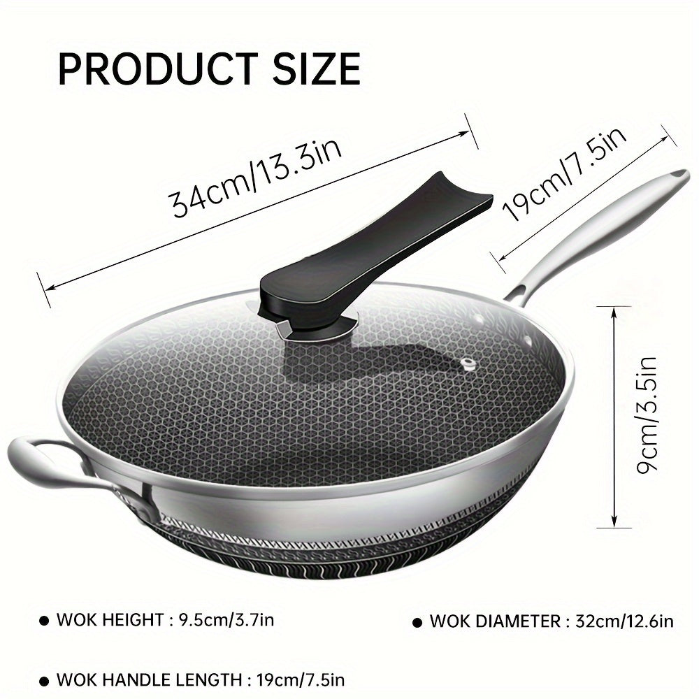 Stainless Steel Wok 34cm Flat Bottom Induction Gas Ceramic with Lid Spatula