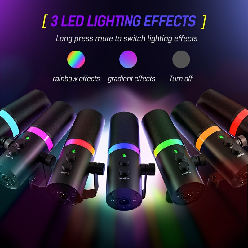 Динамический микрофон с RGB-подсветкой, функцией отключения звука, металлическим корпусом для стриминга, игр, записи и озвучивания