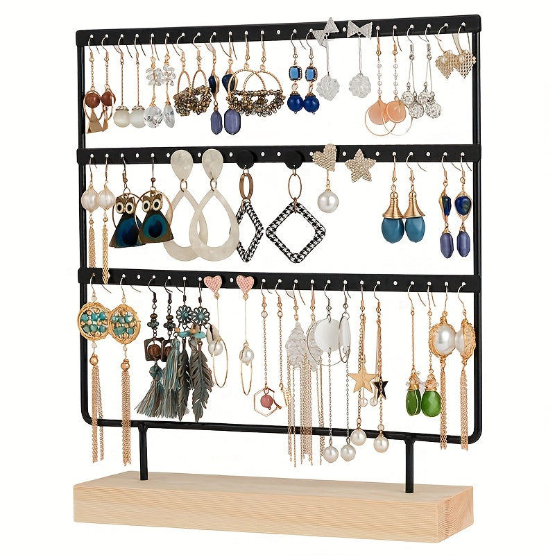 Wooden Jewelry Organizer Tree with 3 Layers and 72 Earring Holes for Display and Storage