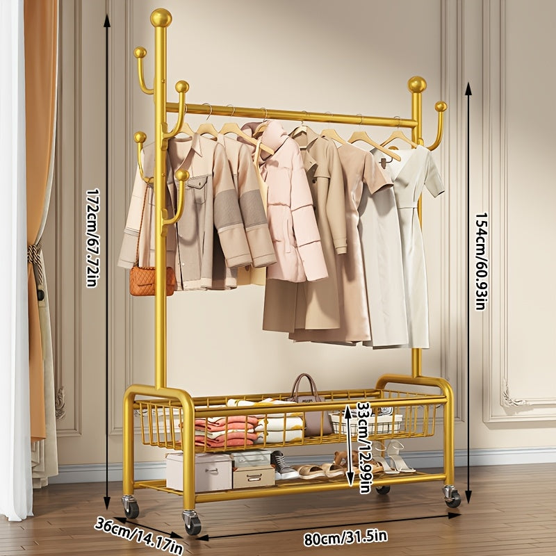Multifunctional Rolling Coat Rack with 6 Hooks and Shelf Black Metal