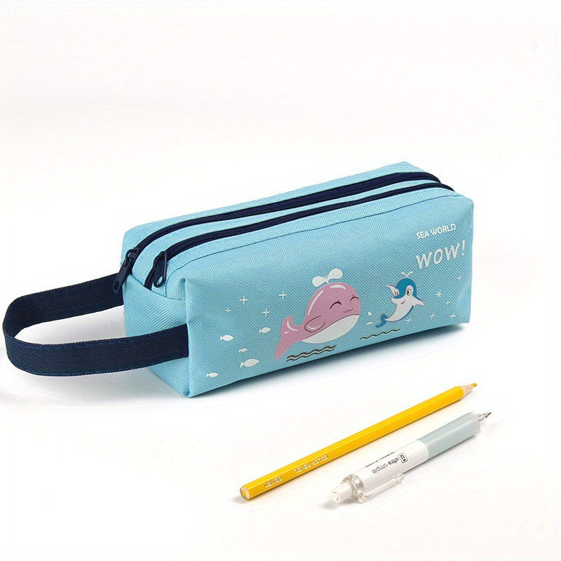 Space Astronaut Cartoon Animal Canvas Double-Layer Pencil Case for School Supplies