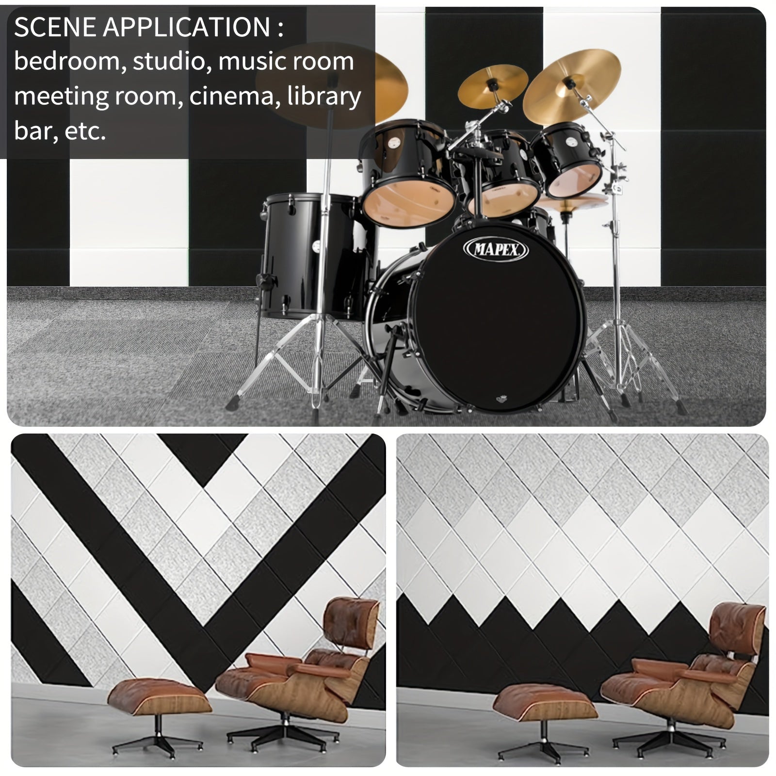 12x12 dyuymli o'z-o'zini yopishtiradigan akustik panellar oq, qora, kul rangda, uy, ofis, studiya uchun ovopuflaydigan to'siq