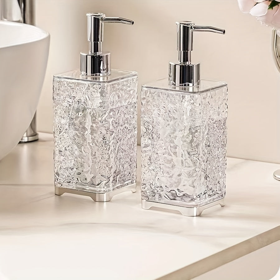 Qulay bosish pompasi bilan qayta to'ldiriladigan hashamatli qo'l sabun dispenseri. Mustahkam plastik konstruktsiya. Hammom yoki dush gel uchun ajoyib.