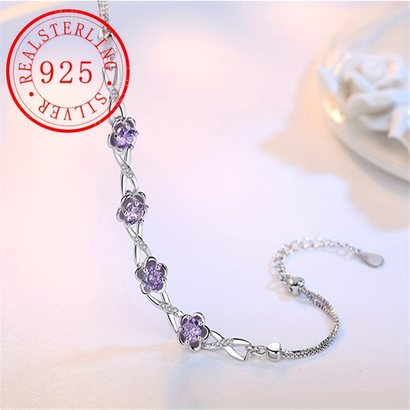 Silver Bracelet with Peach Blossom Design and Purple Zirconia for Women