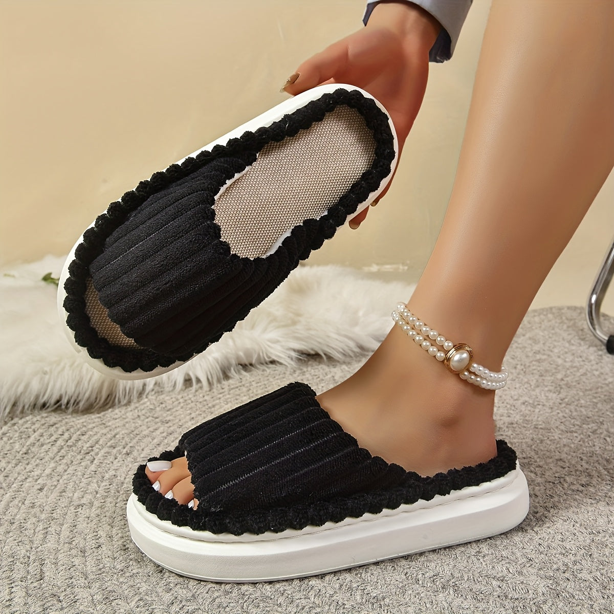 Женские плюшевые тапочки однотонные с толстой подошвой, универсальная домашняя обувь для всех сезонов
