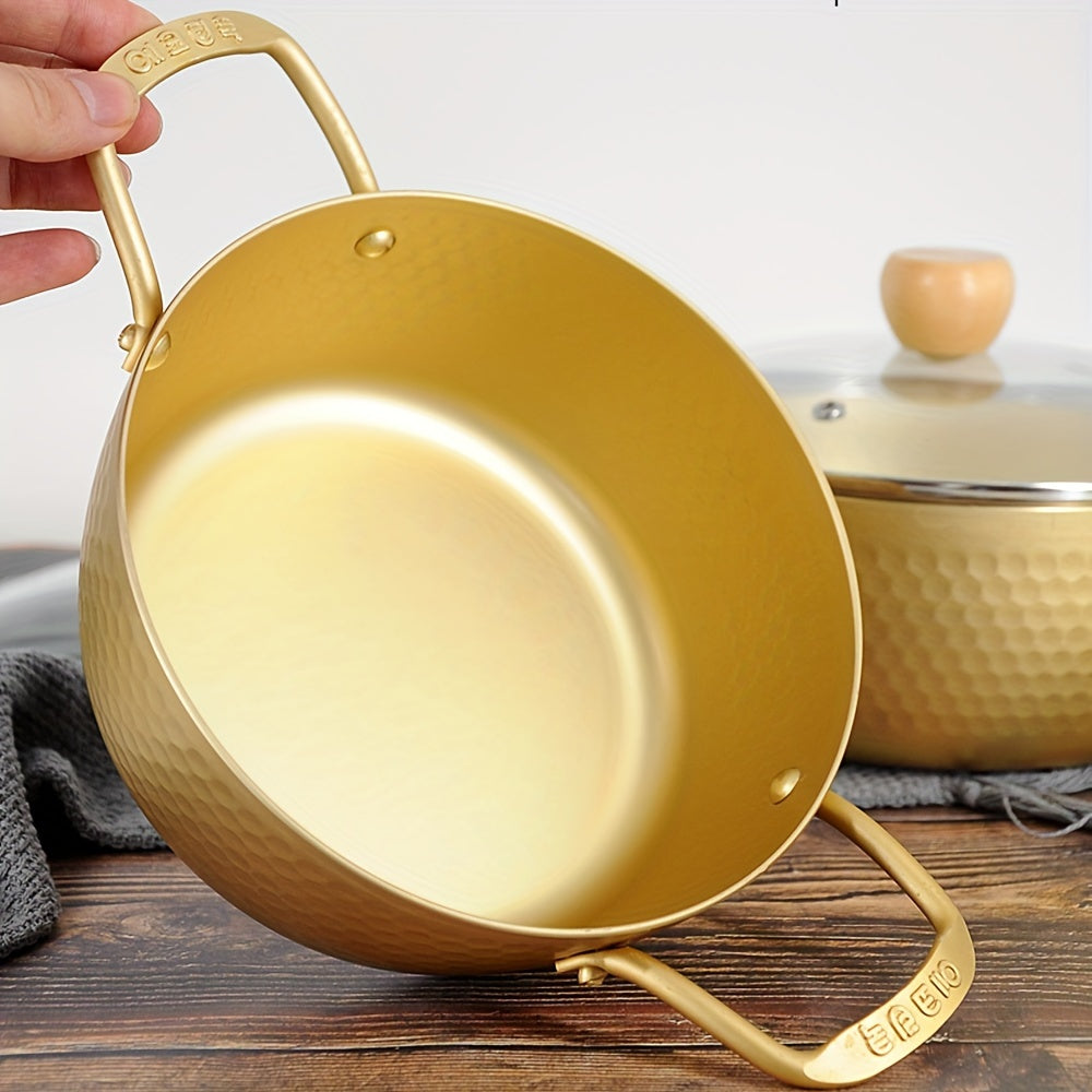Olla de aluminio para ramen con tapa de vidrio compatible con inducción para sopas y fideos instantáneos