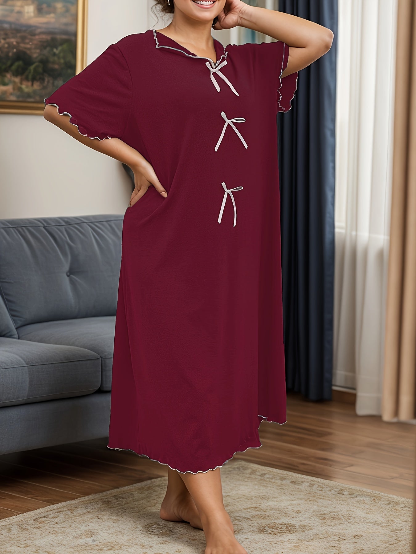 Plus Size Women's Red Satin Ruffle Hem Nightgown Dress