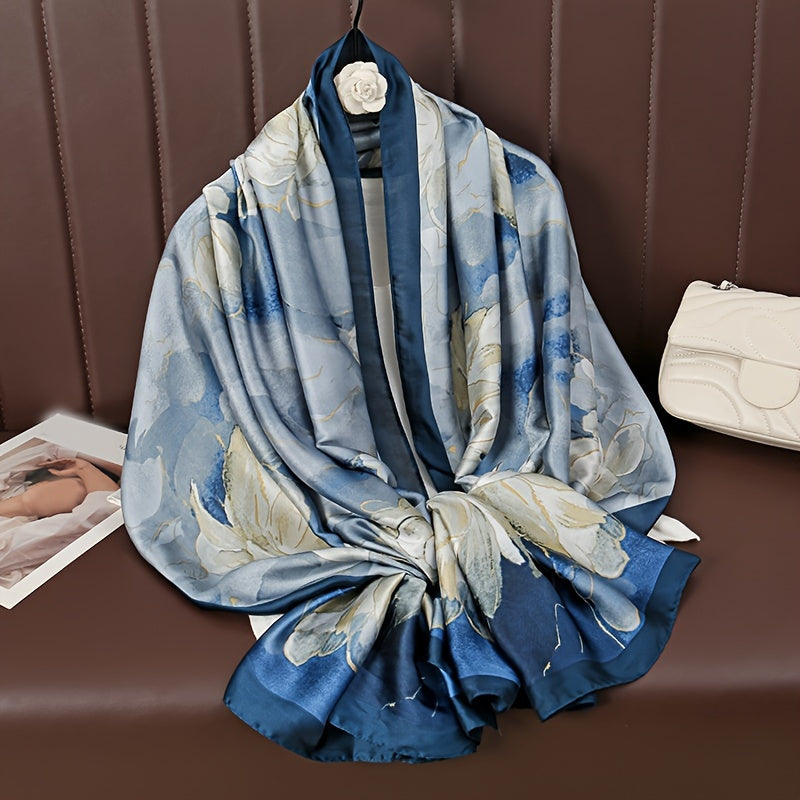 Women's Blue Big Flower Printed Scarf Shawl Satin Silk Feel Beach Towel for Outdoor Activities