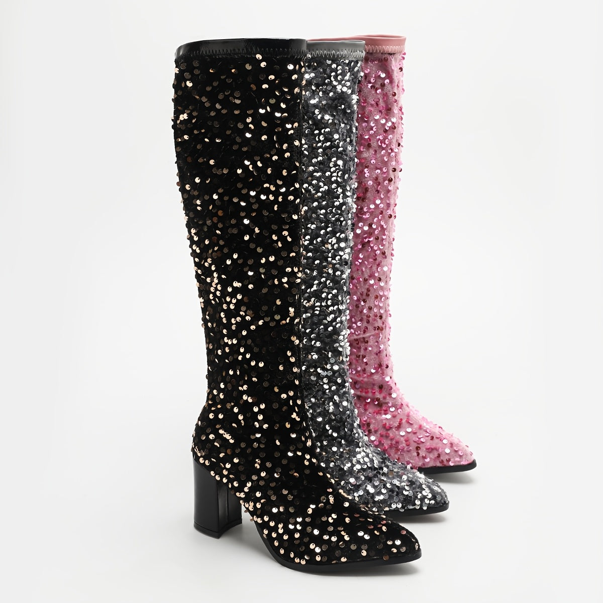 Women's Glitter Block Heel Ankle Boots Pointed Toe Fabric Upper All-Season