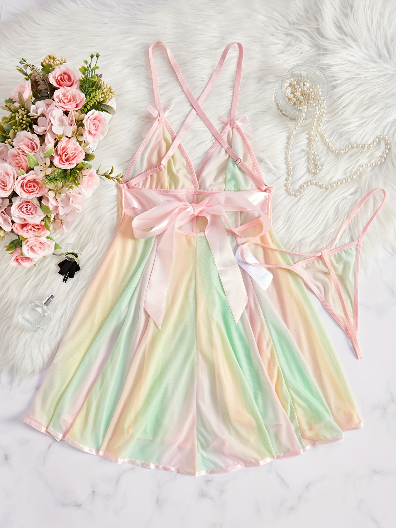 Women's Ombre Mesh Lingerie Set Slip Dress and Thong Polyester Blend Hand Wash