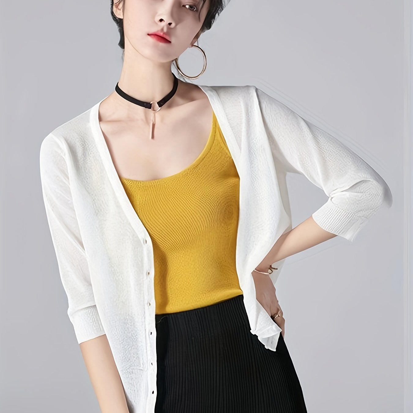 Plus Size Women's Lightweight V-Neck Cardigan with 3/4 Sleeves in Pastel Pink