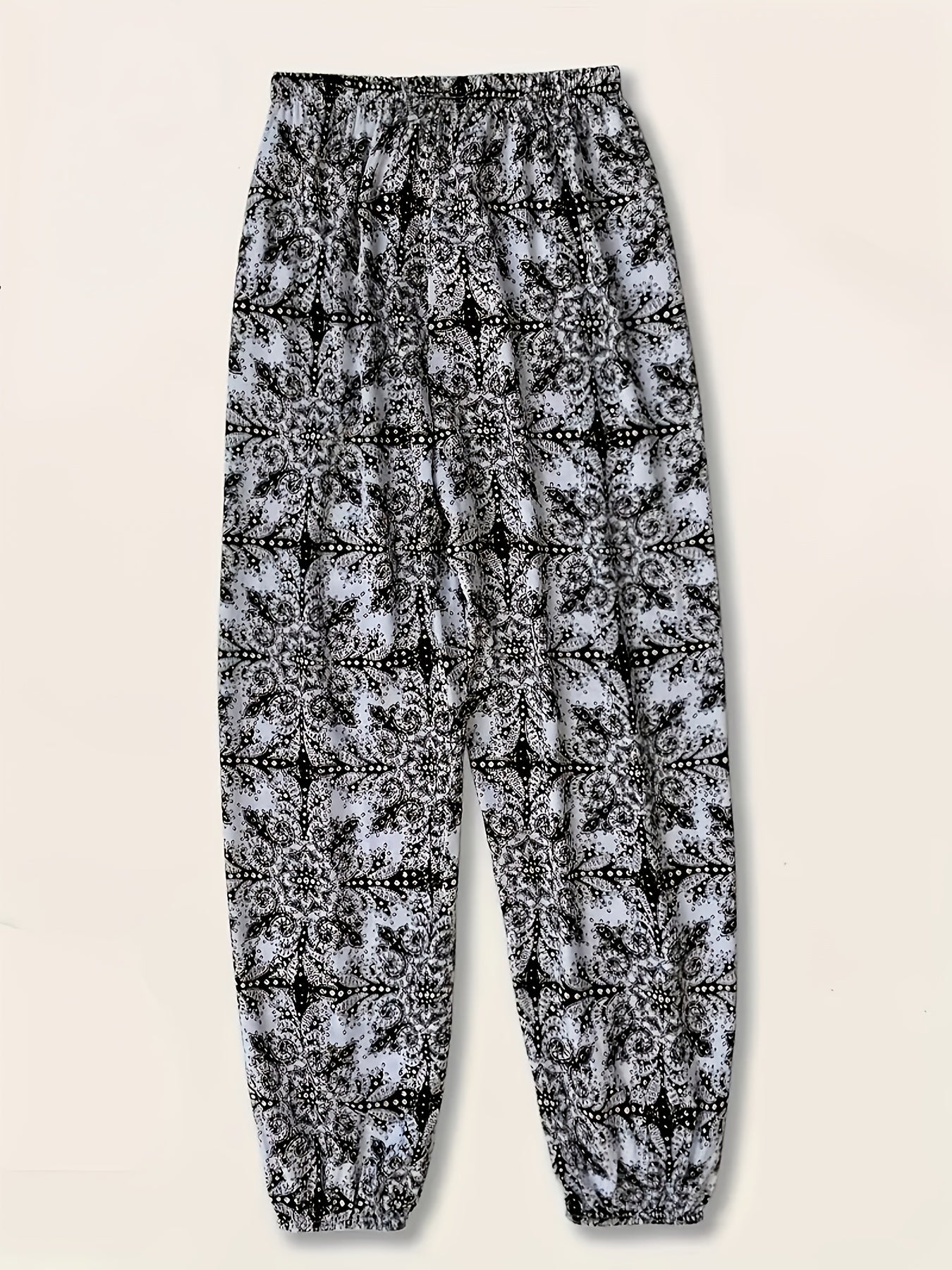 Women's Plus Size Bohemian Print Joggers Black White Tribal Loose Fit Pants