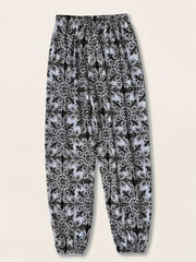 Women's Plus Size Bohemian Print Joggers Black White Tribal Loose Fit Pants